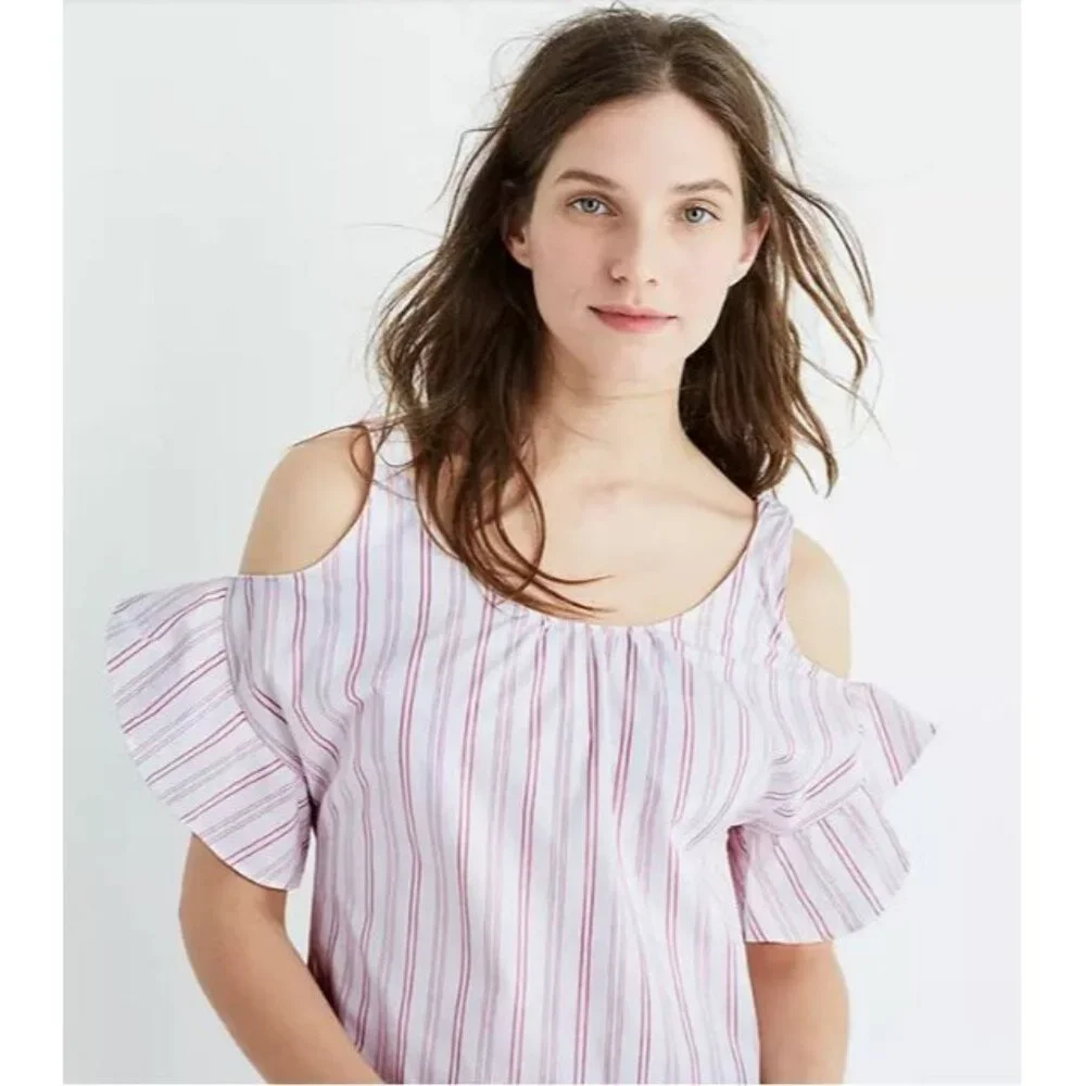 NWT Madewell Rose Stripe Bell Sleeves Cold-Shoulder Dress Size L 1046 - Picture 7 of 10
